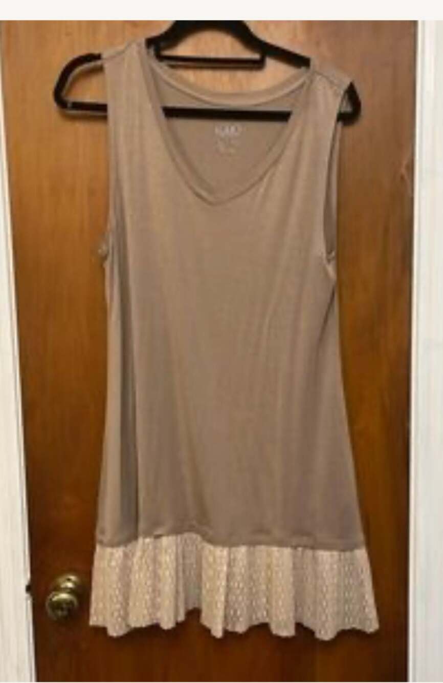 LOGO Lori Goldstein Taupe Sleeveless Tunic dress , Large Ruffle Hem V Neck